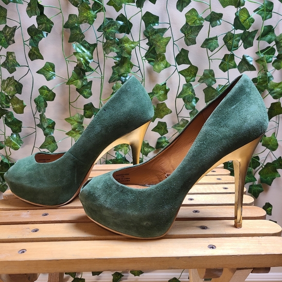 Zara Women's Faux Suede Green Gold Platform Evening Peep Toe Heel - Picture 2 of 16